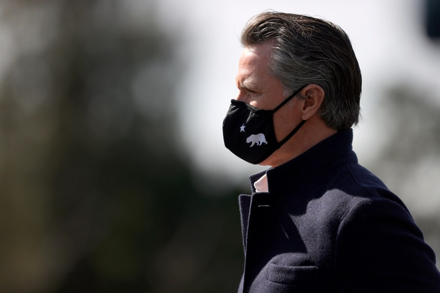 California Gov. Gavin Newsom looks on during a news conference after touring Barron Park Elementary School on March 2, 2021 ,in Palo Alto, California. (Justin Sullivan/Getty Images)