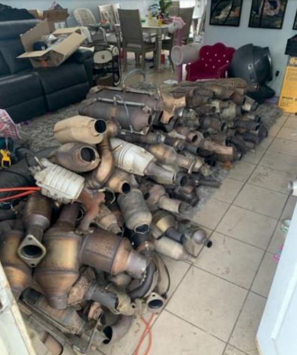 Recovered catalytic converters are seen in a photo released by the San Bernardino Police Department on March 13, 2021.