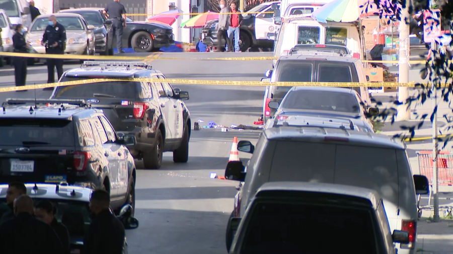 Authorities respond to investigate a police shooting in the Westlake district of Los Angeles on March 19, 2021. (KTLA)