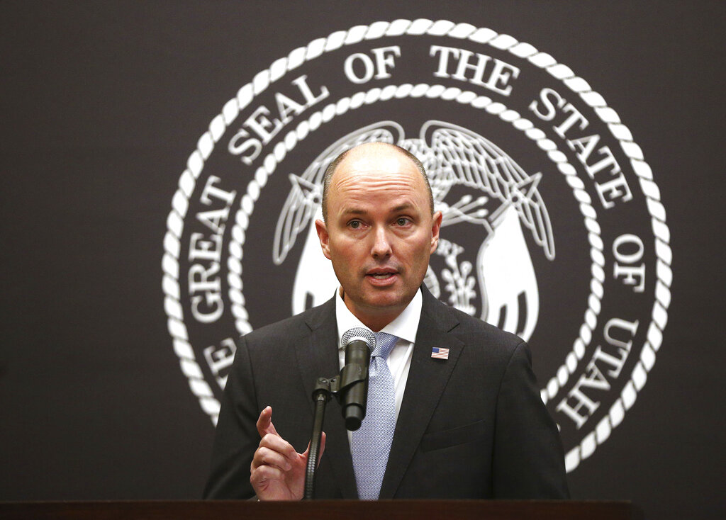 Utah Gov. Spencer J. Cox speaks during a briefing at the Utah State Capitol on Jan. 8, 2021. Utah lawmakers have voted to require every cellphone and tablet sold there to automatically block pornography, the conservative state's most recent move targeting online porn and one that critics call a significant intrusion on free speech. (Jeffrey D. Allred/Deseret News, via AP, Pool, File)