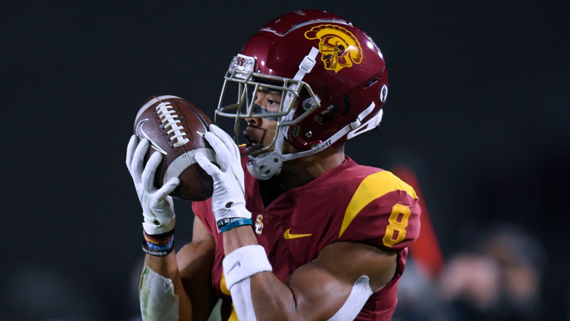 Amon-Ra St. Brown of the USC Trojans makes a touchdown catch in the PAC 12 2020 Football Championship at United Airlines Field at the Coliseum on December 18, 2020 in Los Angeles, California. (Harry How/Getty Images)