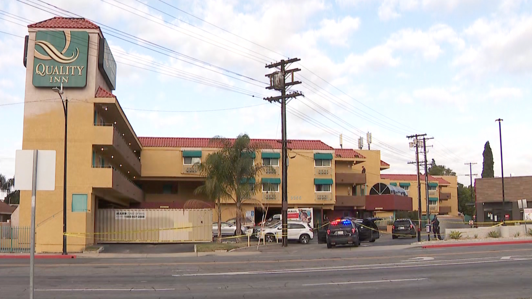 Authorities respond to investigate a deadly police shooting outside a Quality Inn in Burbank on March 8, 2021. (KTLA)