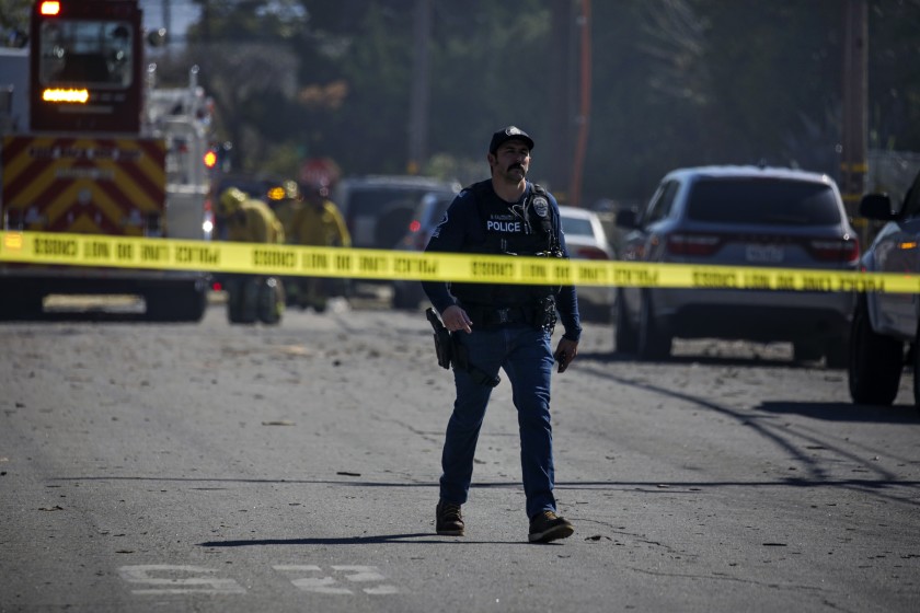 Debris is scattered after a massive blast caused by exploding fireworks in an Ontario neighborhood on Tuesday.(Irfan Khan / Los Angeles Times)