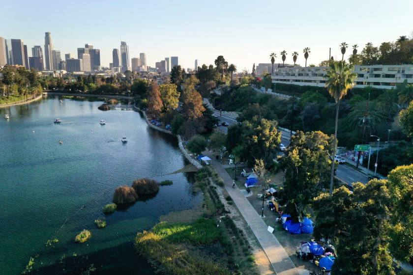 Tents of homeless people line the west side of Echo Park Lake on March 4. (Carolyn Cole / Los Angeles Times)