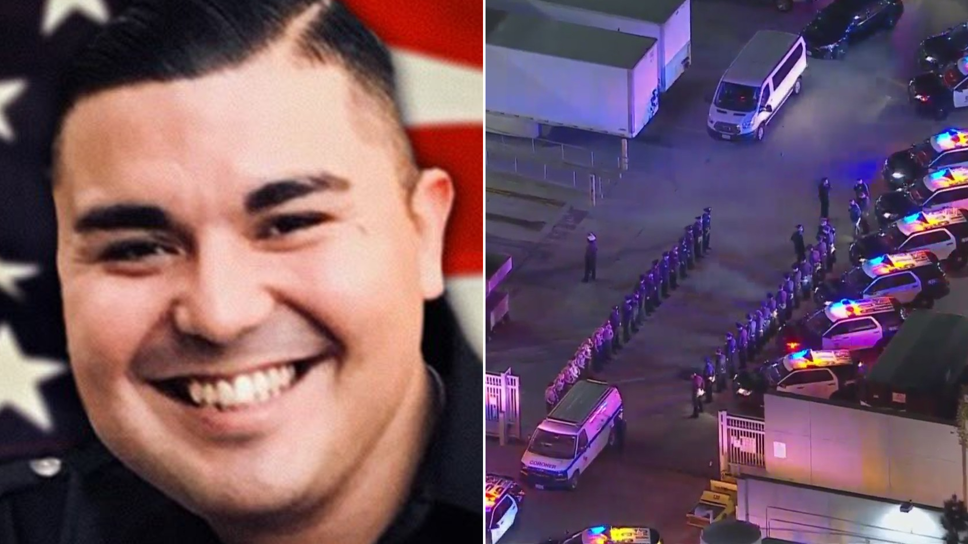 Officer Jose Anzora is seen at left in an undated photo released by the Los Angeles Police Department. At right, LAPD officers line up for a procession outside the L.A. County+USC Medical Center on March 3, 2021, following Anzora’s death. (KTLA)