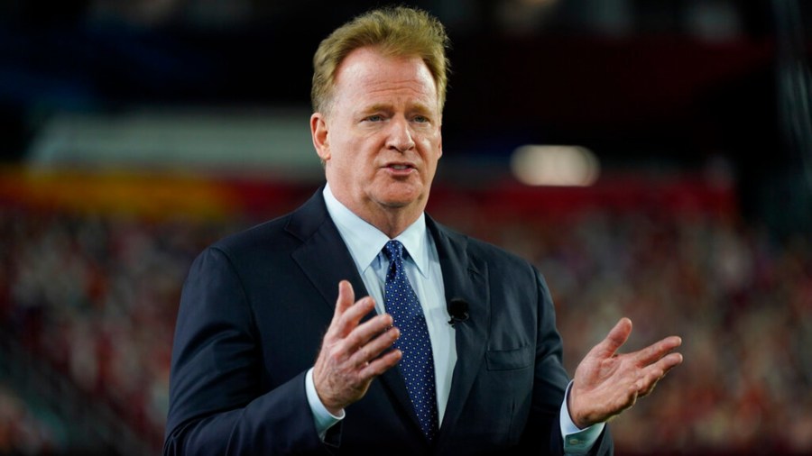 Commissioner Roger Goodell gestures during the NFL Honors ceremony as part of Super Bowl 55 in Tampa, Fla. (AP Photo/Charlie Riedel, File)