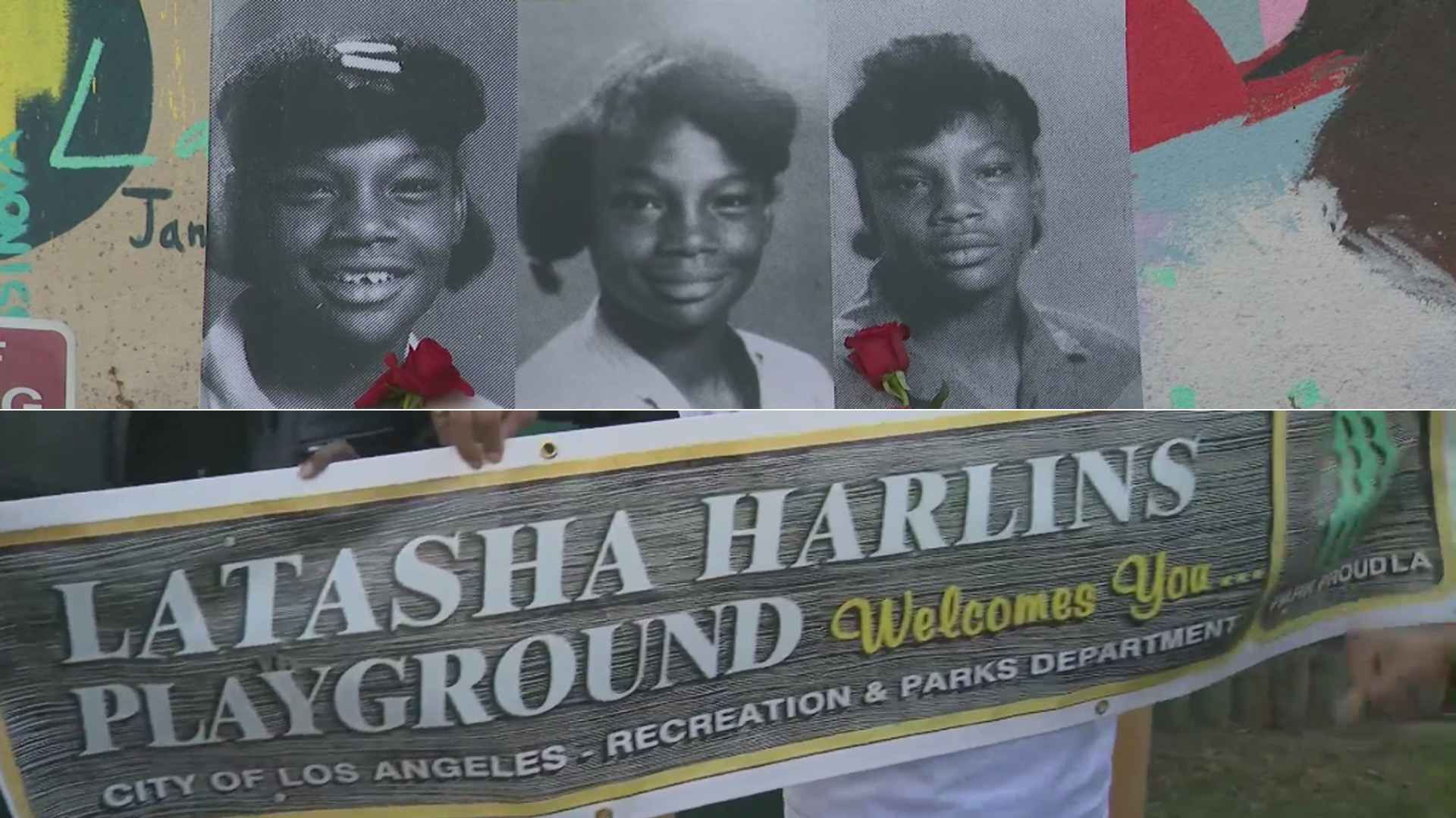 A composite image showing photos of Latasha Harlins and the mockup of a sign that will bear her name is seen on March 16, 2021. (KTLA)