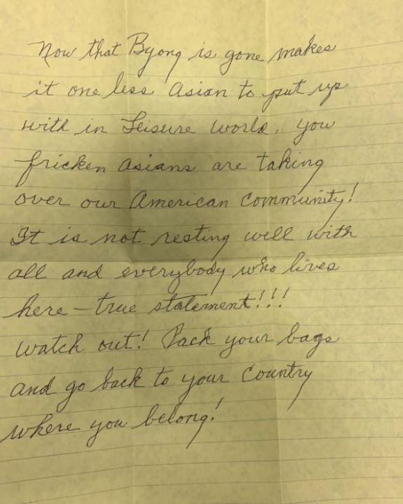 A letter to an Asian American widow that prompted a hate crime investigation is seen in a photo released March 23, 2021, by the Seal Beach Police Department.