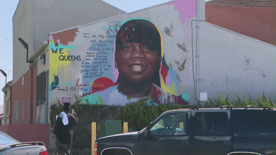 A mural dedicated to Latasha Harlins earlier this year is shown on March 16, 2021. (KTLA) 