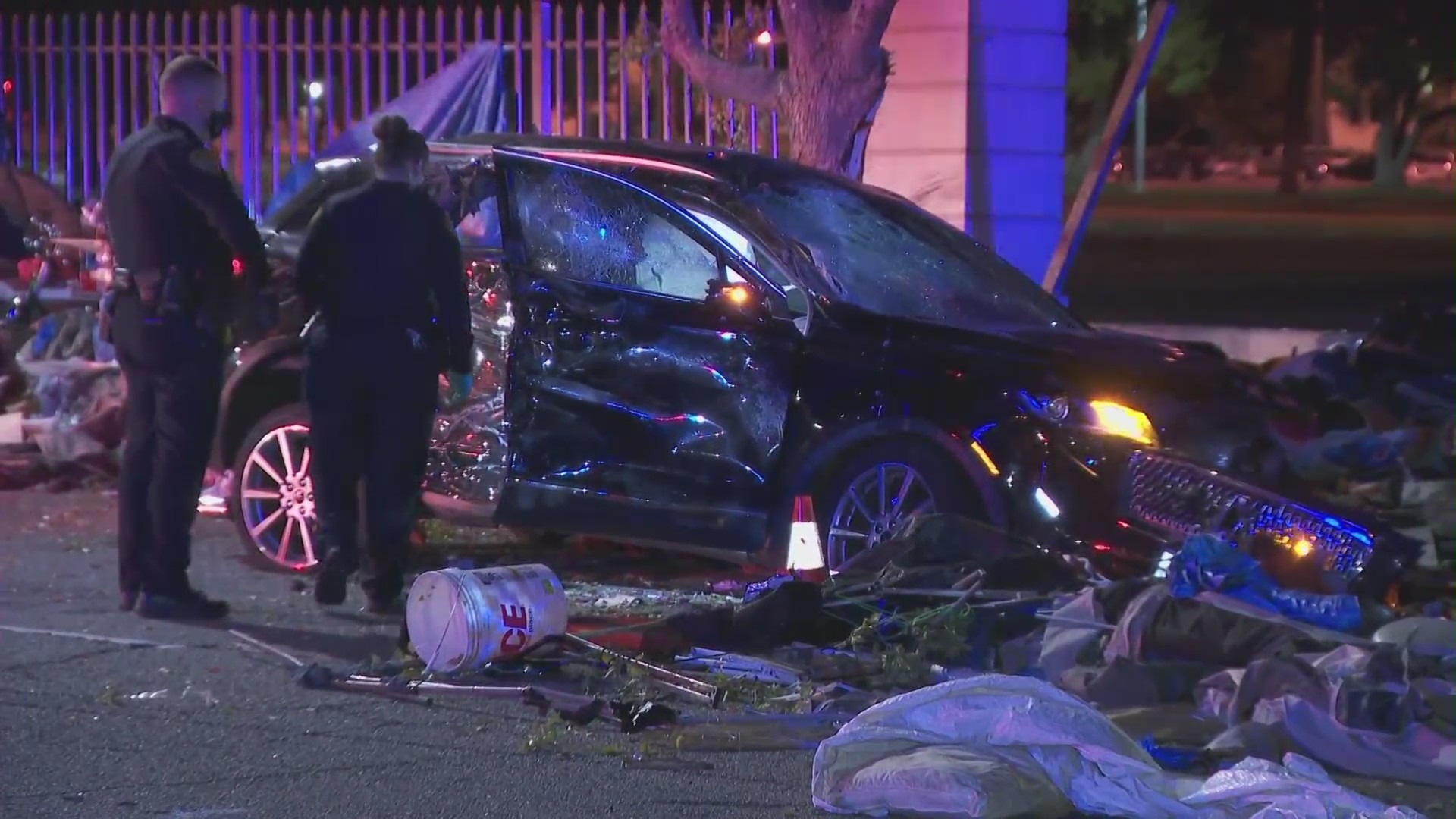 An SUV crashed into a homeless encampment in Brentwood on March 4, 4021. (KTLA)