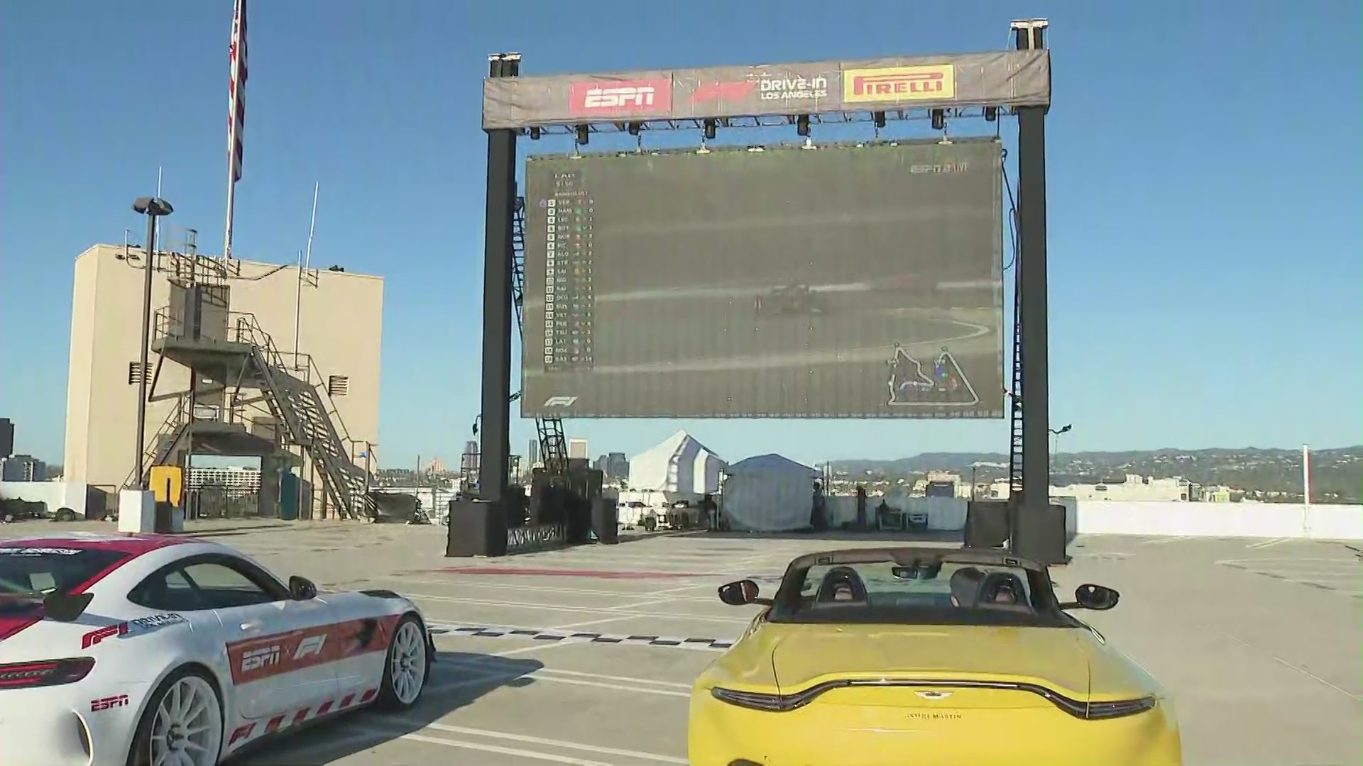 Supercars drive-in & out F1 kickoff event held at The Grove on March 28, 2021. (KTLA)