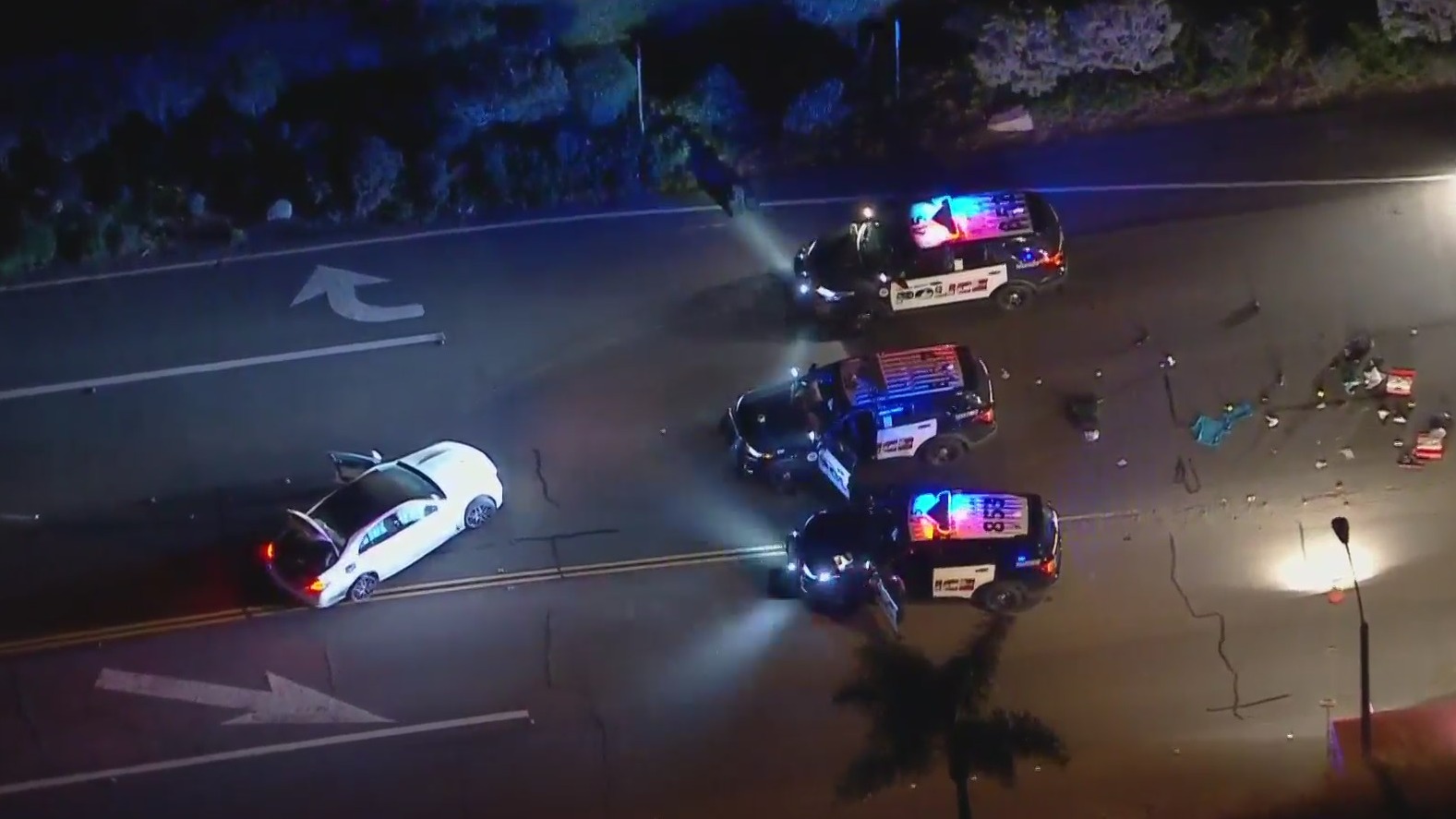 A hit-and-run suspect was shot by police following a pursuit in Laguna Beach on March 11, 2021. (KTLA)