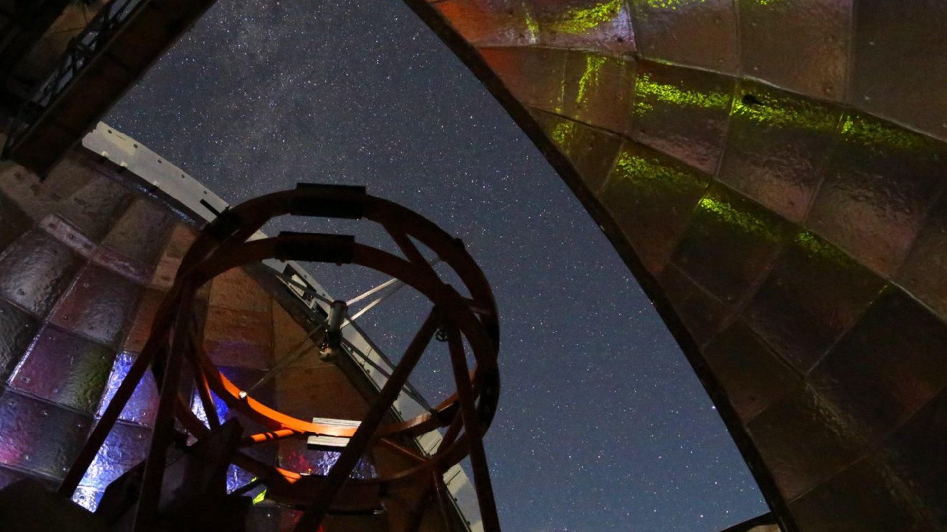 This photo shows the view from inside the dome of NASA’s Infrared Telescope Facility during a night of observing. The 3.2-meter (10.5-foot) telescope atop Hawaii’s Mauna Kea will be used to measure the infrared spectrum of asteroid 2001 FO32. (UH/IfA)