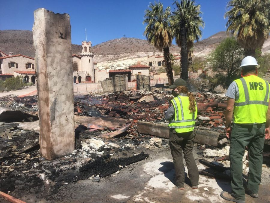 The remains of a historic garage structure that burned in Death Valley National Park on April 23, 2021. (National Park Service)