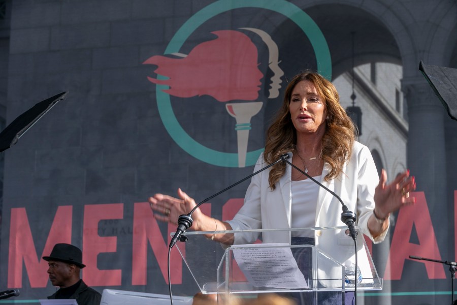 Caitlyn Jenner speaks at the 4th Women's March in Los Angeles on Saturday, Jan. 18, 2020. (AP Photo/Damian Dovarganes)