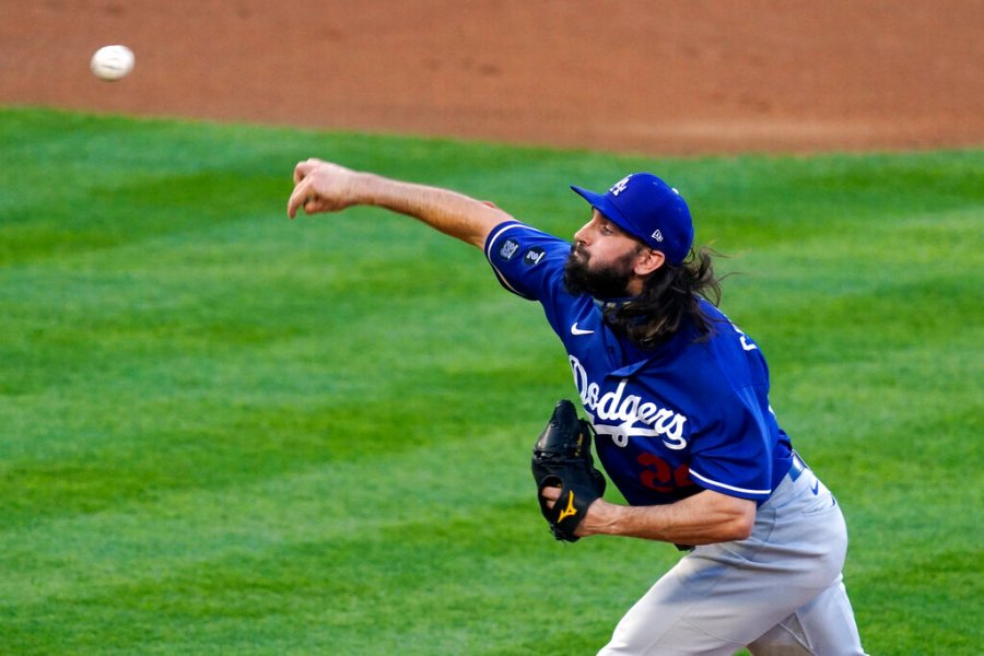 Los Angeles Dodgers starting pitcher Tony Gonsolin throws to the plate during the first inning of a spring training exhibition baseball game against the Los Angeles Angels Sunday, March 28, 2021, in Anaheim, Calif. (AP Photo/Mark J. Terrill)