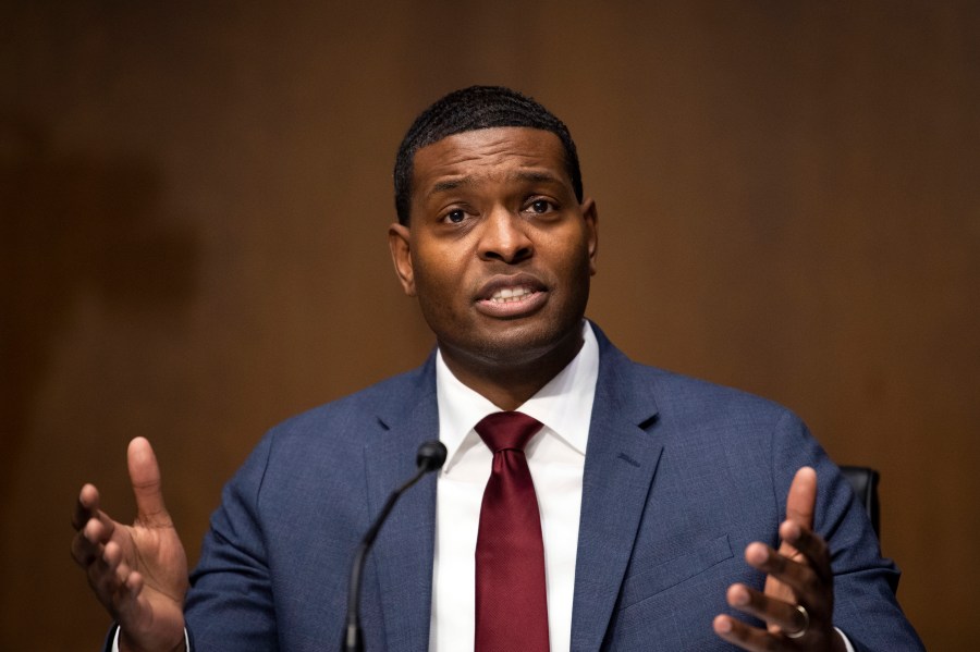 In this Feb. 3, 2021, file photo, Environmental Protection Agency administrator Michael Regan, speaks during his confirmation hearing before the Senate Environment and Public Works committee on Capitol Hill in Washington. (Caroline Brehman/Pool via AP)