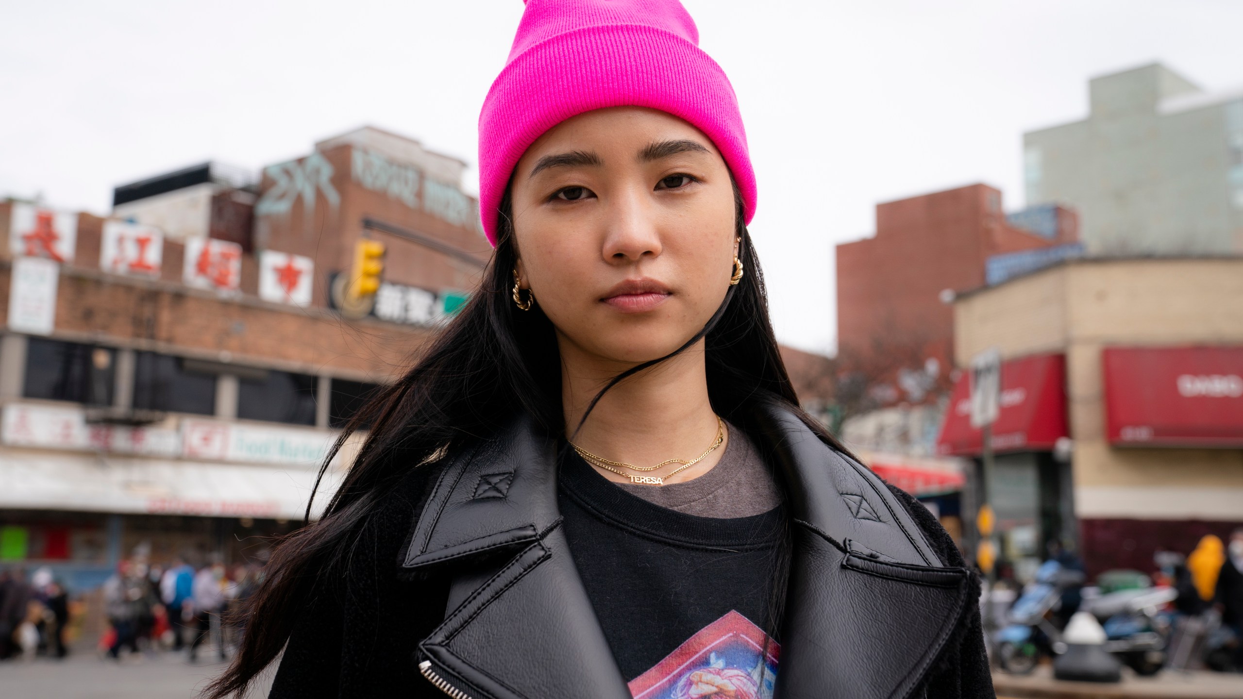 Teresa Ting stands for a portrait, Wednesday, March 31, 2021, in the Flushing neighborhood of the Queens borough of New York. (AP Photo/John Minchillo)