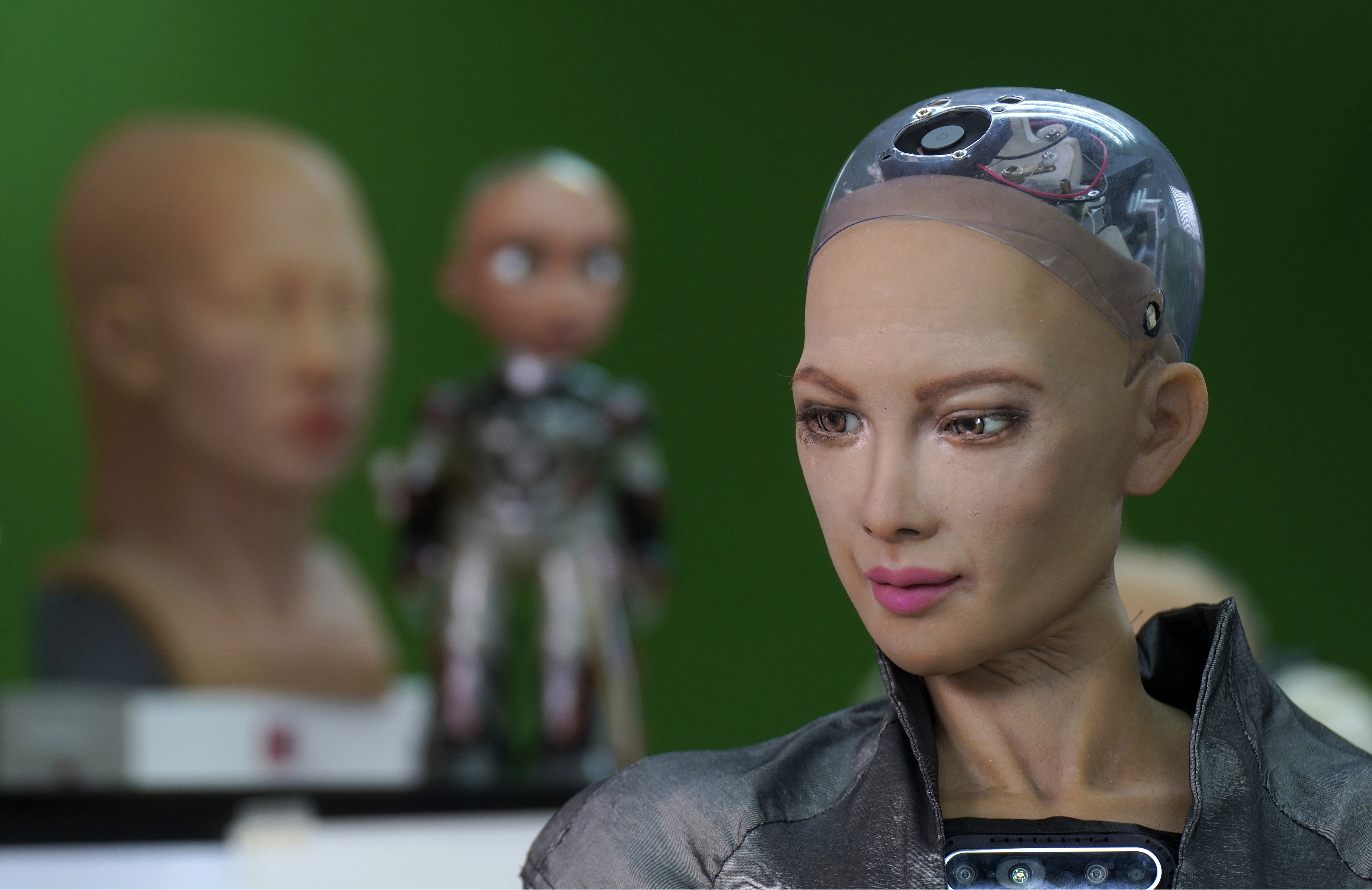 The close-up of the head of Sophia is seen at Hanson Robotics studio in Hong Kong on March 29, 2021. (AP Photo/Vincent Yu)