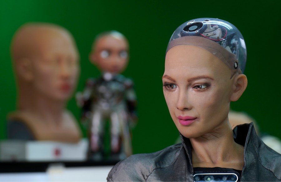 The close-up of the head of Sophia is seen at Hanson Robotics studio in Hong Kong on March 29, 2021. (AP Photo/Vincent Yu)