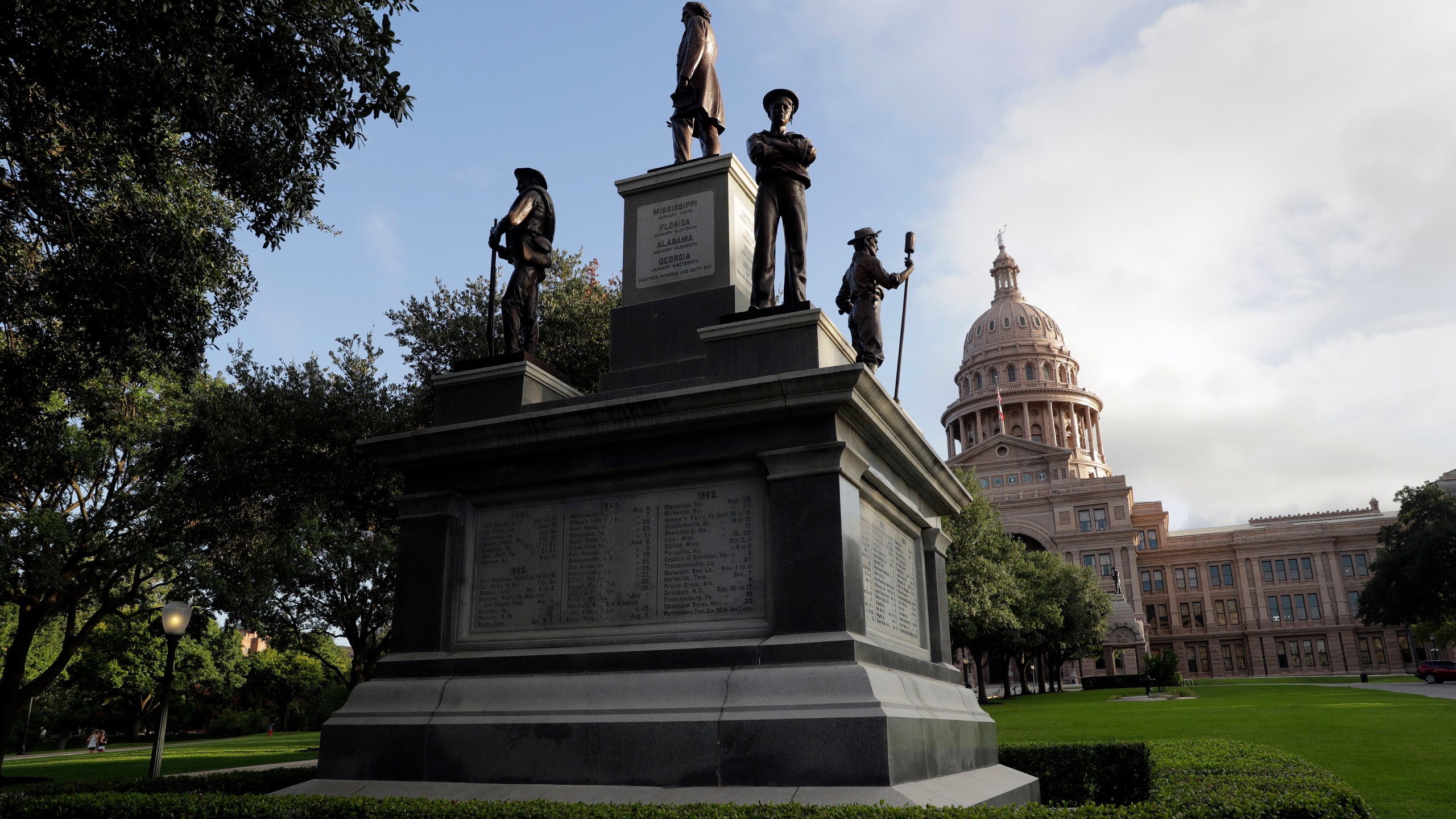 In this Aug. 21, 2017 file photo, the Texas State Capitol Confederate Monument stands on the south lawn in Austin, Texas. As a racial justice reckoning continues to inform conversations across the country, lawmakers nationwide are struggling to find solutions to thousands of icons saluting controversial historical figures. (AP Photo/Eric Gay, File)