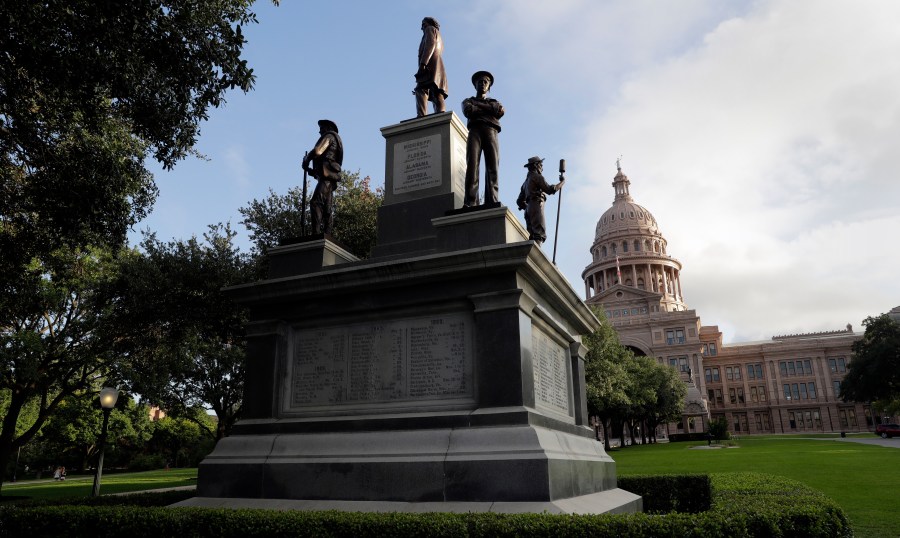 In this Aug. 21, 2017 file photo, the Texas State Capitol Confederate Monument stands on the south lawn in Austin, Texas. As a racial justice reckoning continues to inform conversations across the country, lawmakers nationwide are struggling to find solutions to thousands of icons saluting controversial historical figures. (AP Photo/Eric Gay, File)