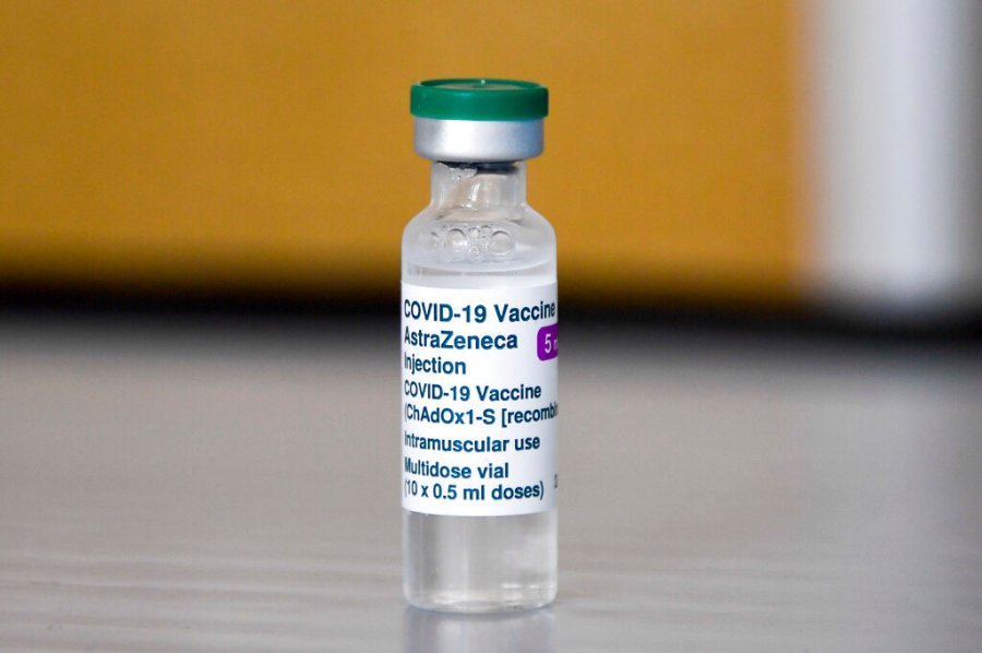 In this Sunday, March 21, 2021 file photo, a vial of of the AstraZeneca COVID-19 vaccine at the Guru Nanak Gurdwara Sikh temple, on the day the first Vaisakhi Vaccine Clinic is launched, in Luton, England. (AP Photo/Alberto Pezzali, File)