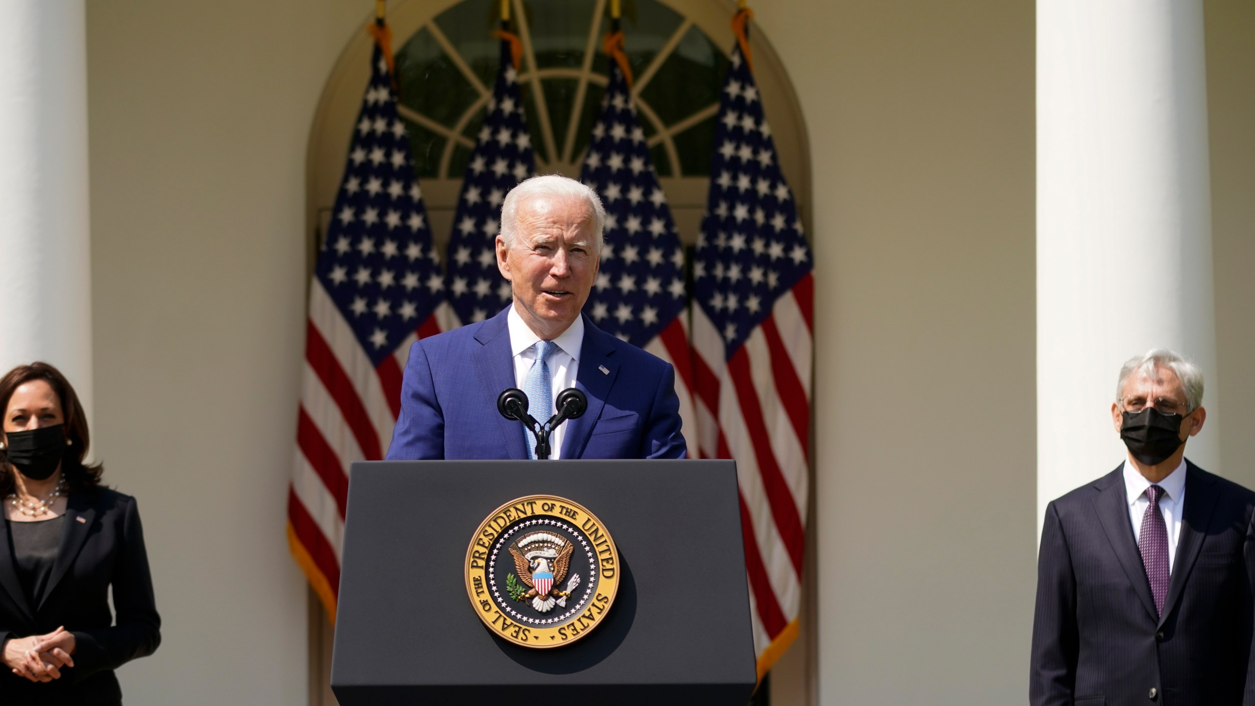 President Joe Biden, accompanied by Vice President Kamala Harris, and Attorney General Merrick Garland, speaks about gun violence prevention in the Rose Garden at the White House, Thursday, April 8, 2021, in Washington. (AP Photo/Andrew Harnik)