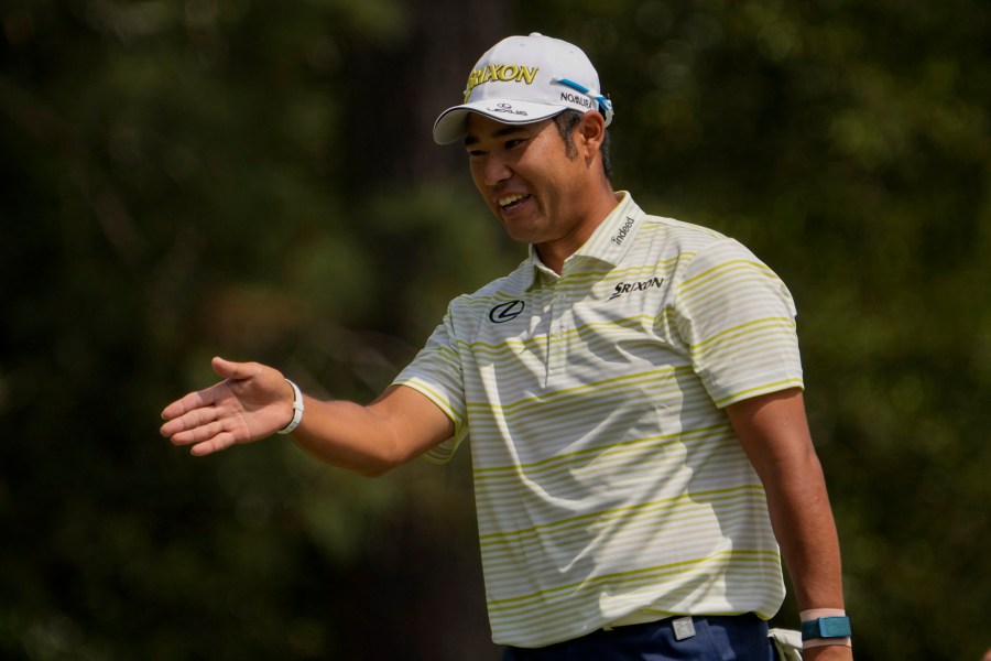 Hideki Matsuyama, of Japan, reacts after a bogey on the first hole during the final round of the Masters golf tournament on Sunday, April 11, 2021, in Augusta, Ga. (AP Photo/David J. Phillip)