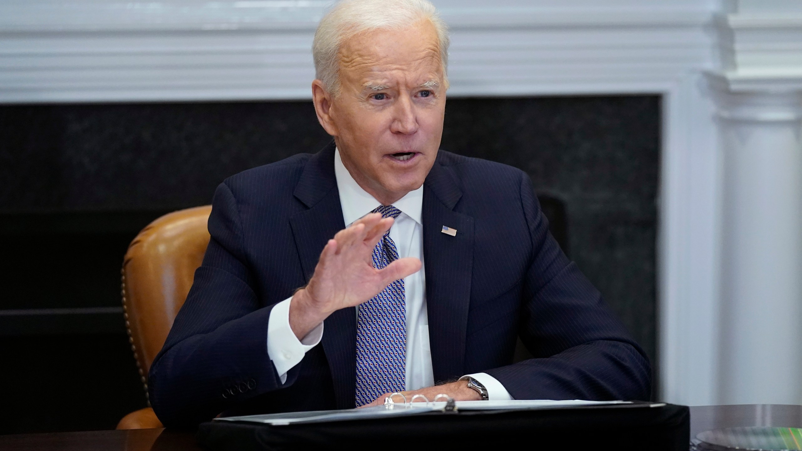 President Joe Biden participates virtually in the CEO Summit on Semiconductor and Supply Chain Resilience in the Roosevelt Room of the White House, Monday, April 12, 2021, in Washington. (AP Photo/Patrick Semansky)