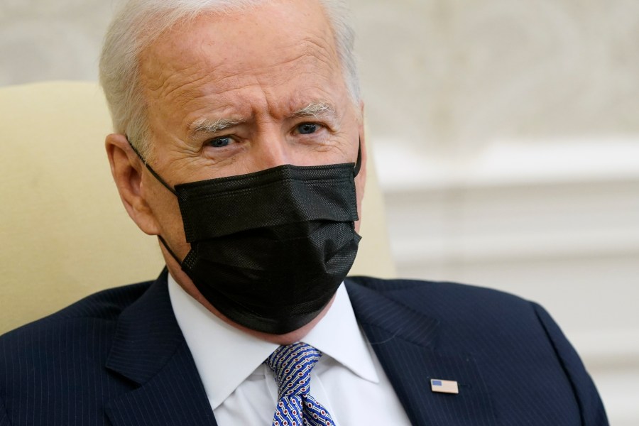 President Joe Biden speaks during a meeting with lawmakers to discuss the American Jobs Plan in the Oval Office of the White House, Monday, April 12, 2021, in Washington. (AP Photo/Patrick Semansky)