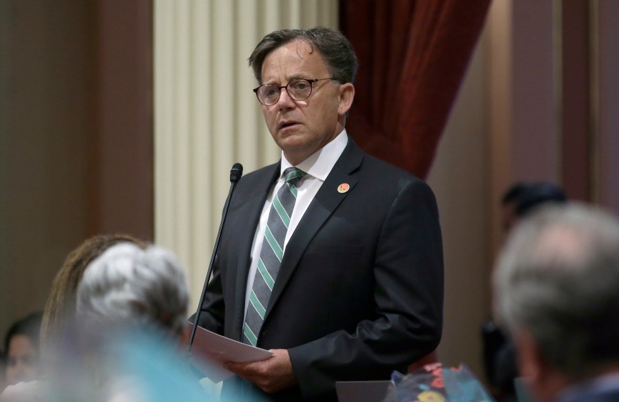 California state Sen. Josh Newman, D-Fullerton, discusses the recall election against him during a Senate session in Sacramento on June 11, 2018. Newman was recalled in 2018 before winning re-election in 2020. (Rich Pedroncelli / Associated Press)