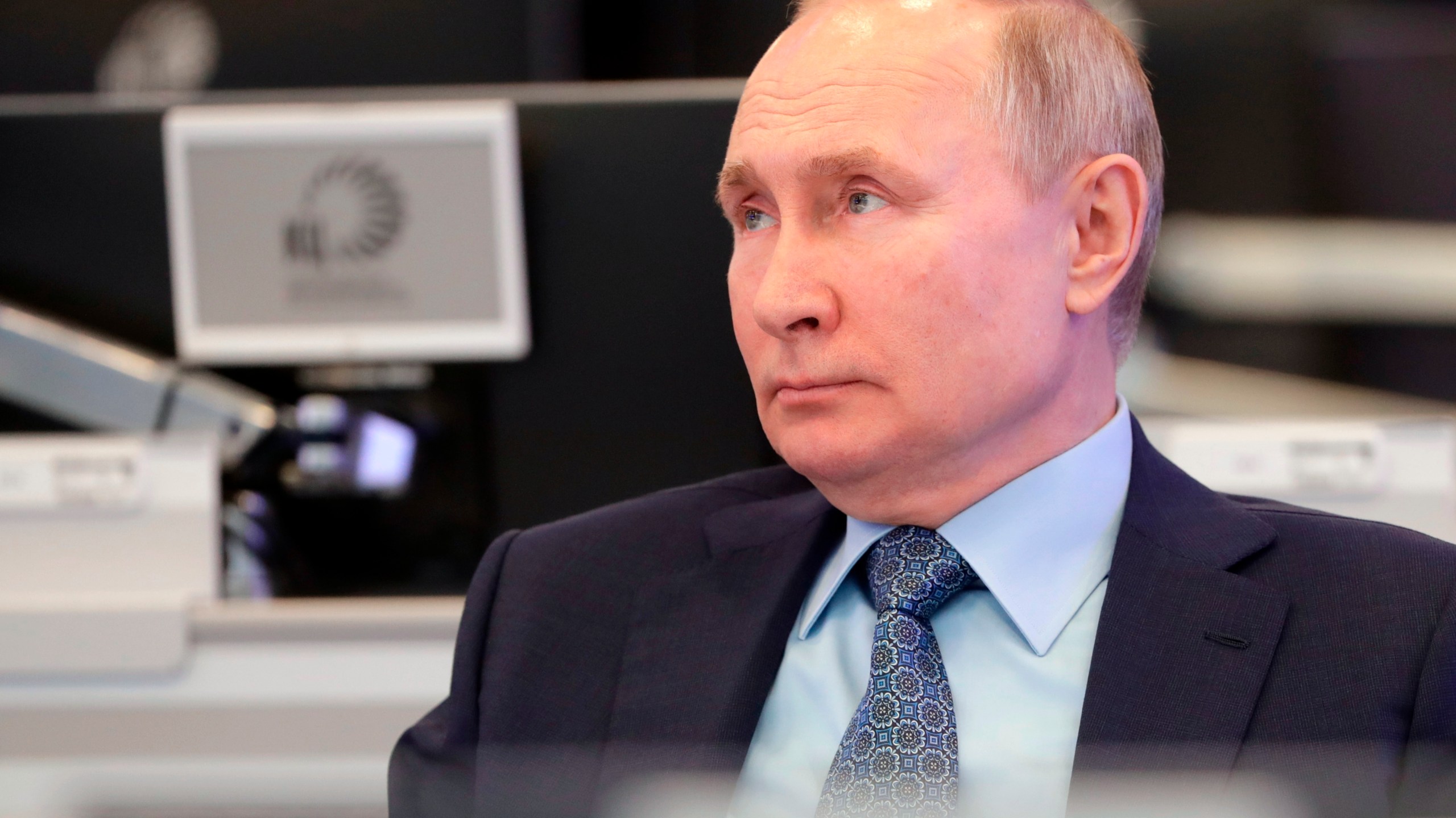 Russian President Vladimir Putin visits the Coordination Center of the Russian Government in Moscow, Russia on April 13, 2021. (Mikhail Metzel, Sputnik, Kremlin Pool Photo via AP)