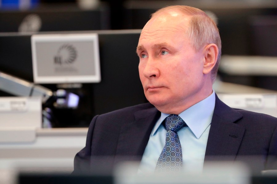 Russian President Vladimir Putin visits the Coordination Center of the Russian Government in Moscow, Russia on April 13, 2021. (Mikhail Metzel, Sputnik, Kremlin Pool Photo via AP)