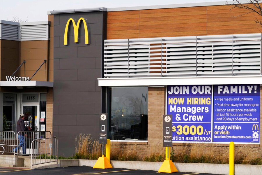 In this Nov. 19, 2020, file photo, a hiring sign is displayed outside of McDonald's in Buffalo Grove, Ill. (AP Photo/Nam Y. Huh, File)