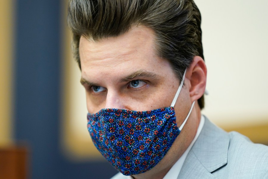 Rep. Matt Gaetz, R-Fla., attends a House Judiciary committee hearing at the Capitol in Washington, Wednesday, April 14, 2021. (AP Photo/J. Scott Applewhite)