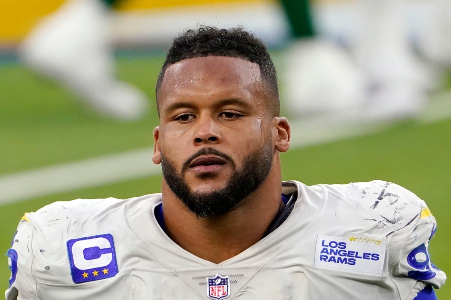 Los Angeles Rams defensive end Aaron Donald (99) walks off the field after a loss to the New York Jets in an NFL football game in Inglewood, in this Sunday, Dec. 20, 2020, file photo. (AP Photo/Jae C. Hong, File)