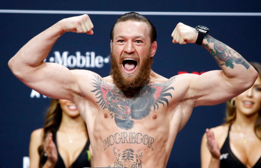 Conor McGregor poses during a ceremonial weigh-in for the UFC 246 mixed martial arts bout in Las Vegas, in this Friday, Jan. 17, 2020, file photo. (AP Photo/John Locher, File)