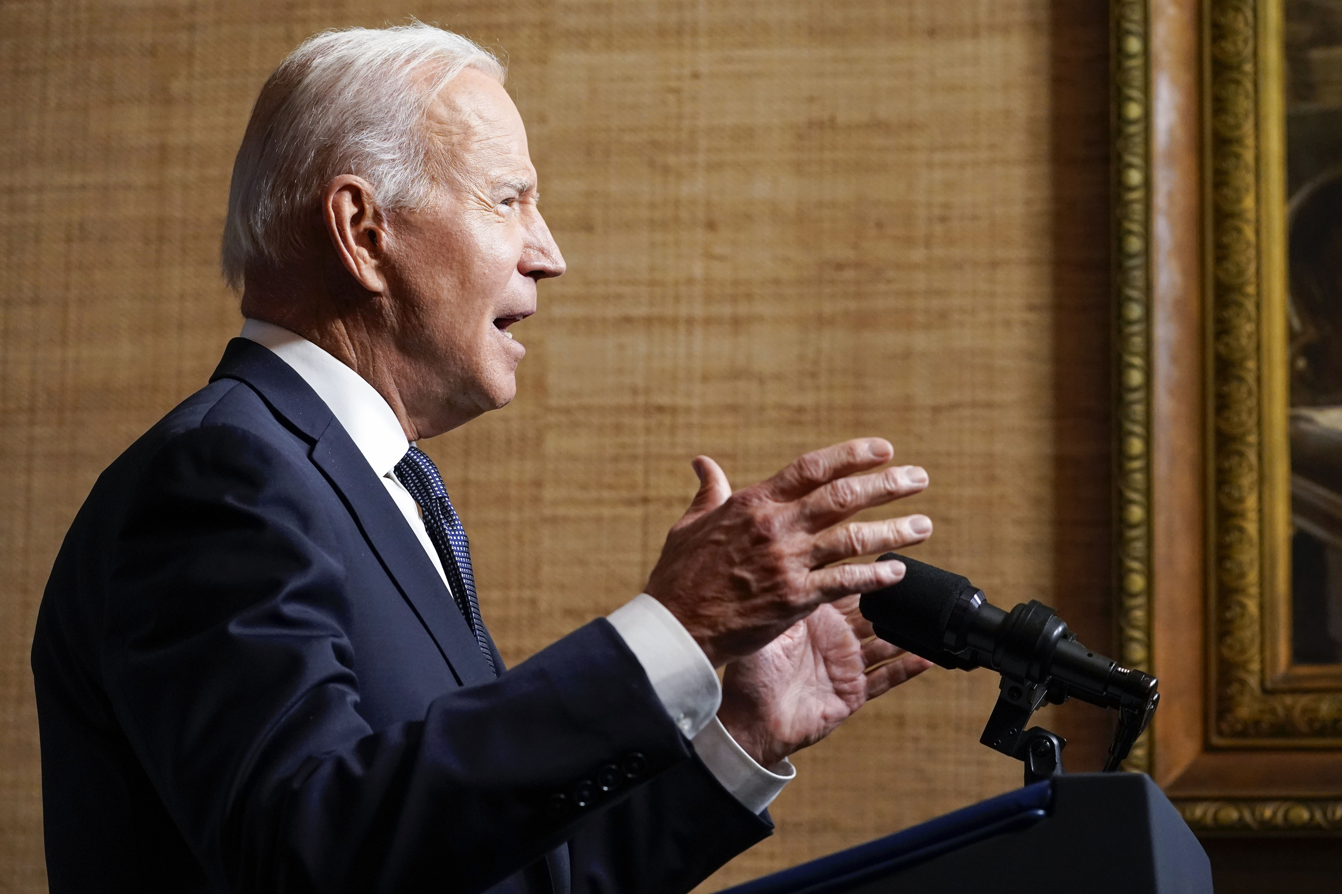 President Joe Biden speaks from the Treaty Room in the White House on Wednesday, April 14, 2021, about the withdrawal of the remainder of U.S. troops from Afghanistan. (AP Photo/Andrew Harnik, Pool)