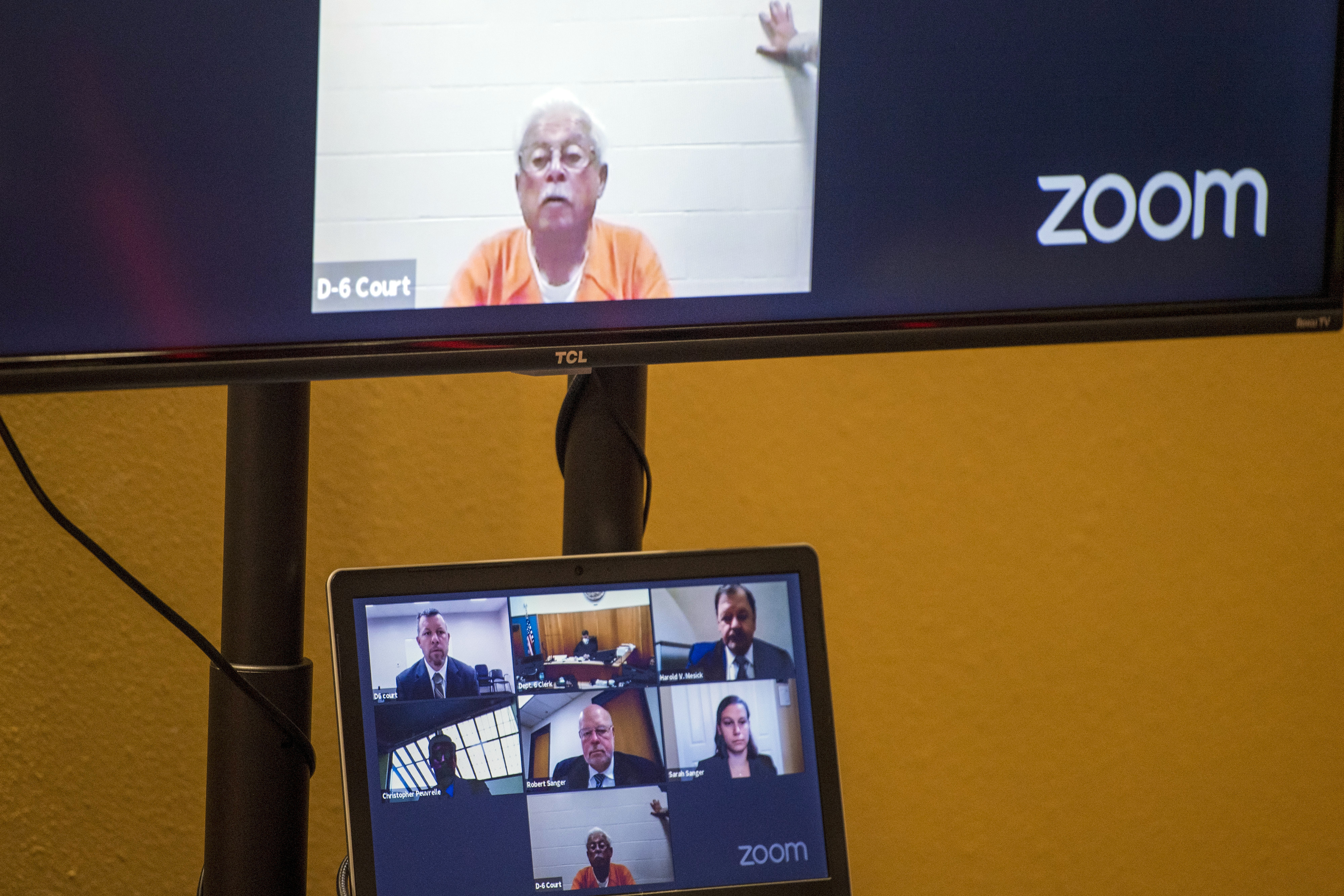 Defendant Ruben Flores appears via video conference during his arraignment, Thursday, April 15, 2021, in San Luis Obispo Superior Court in San Luis Obispo. (AP Photo/Nic Coury)