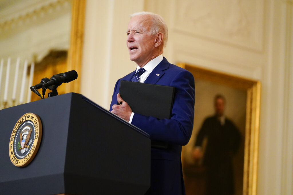 President Joe Biden speaks about Russia in the East Room of the White House, Thursday, April 15, 2021, in Washington. (AP Photo/Andrew Harnik)