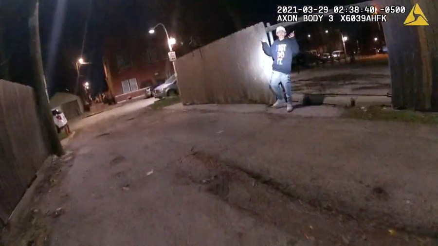 This image from Chicago Police Department body cam video shows the moment before Chicago Police officer Eric Stillman fatally shot Adam Toledo, 13, on March 29, 2021, in Chicago. (Chicago Police Department via AP)