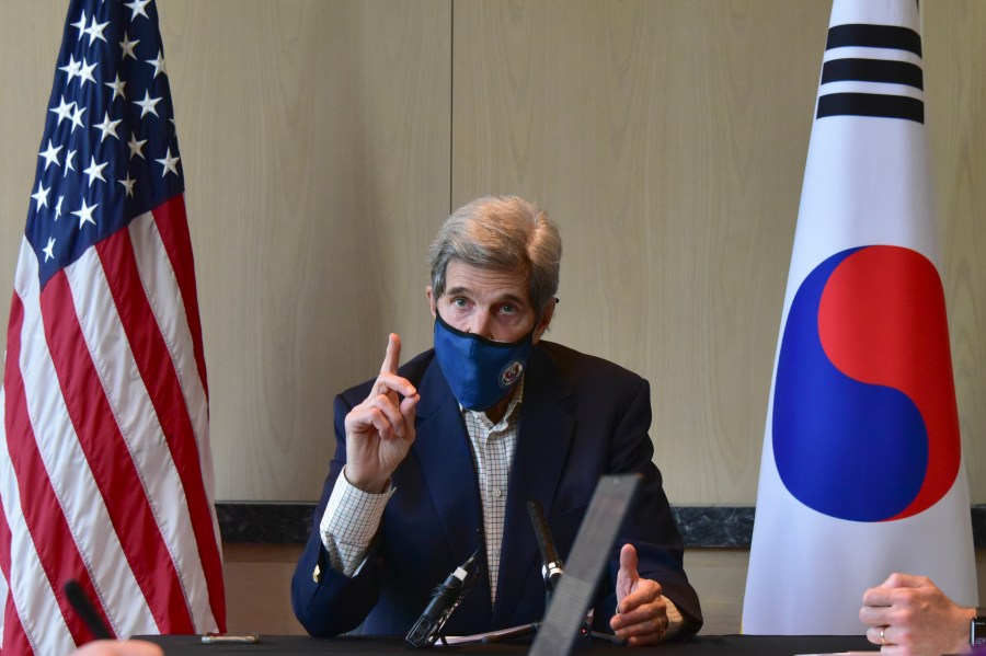 In this photo provided by U.S. Embassy Seoul, U.S. special envoy for climate John Kerry speaks during a round table meeting with the media in Seoul, South Korea, Sunday, April 18, 2021. (U.S. Embassy Seoul via AP)