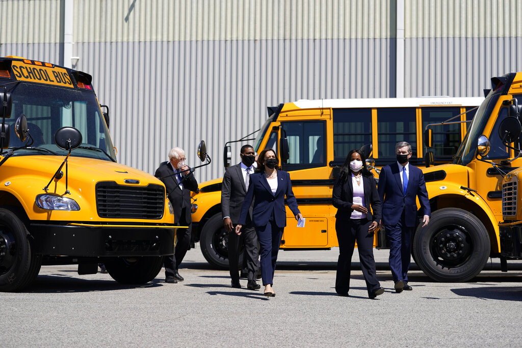 Vice President Kamala Harris tours Thomas Built Buses, Monday, April 19, 2021, in High Point, N.C. (AP Photo/Carolyn Kaster)