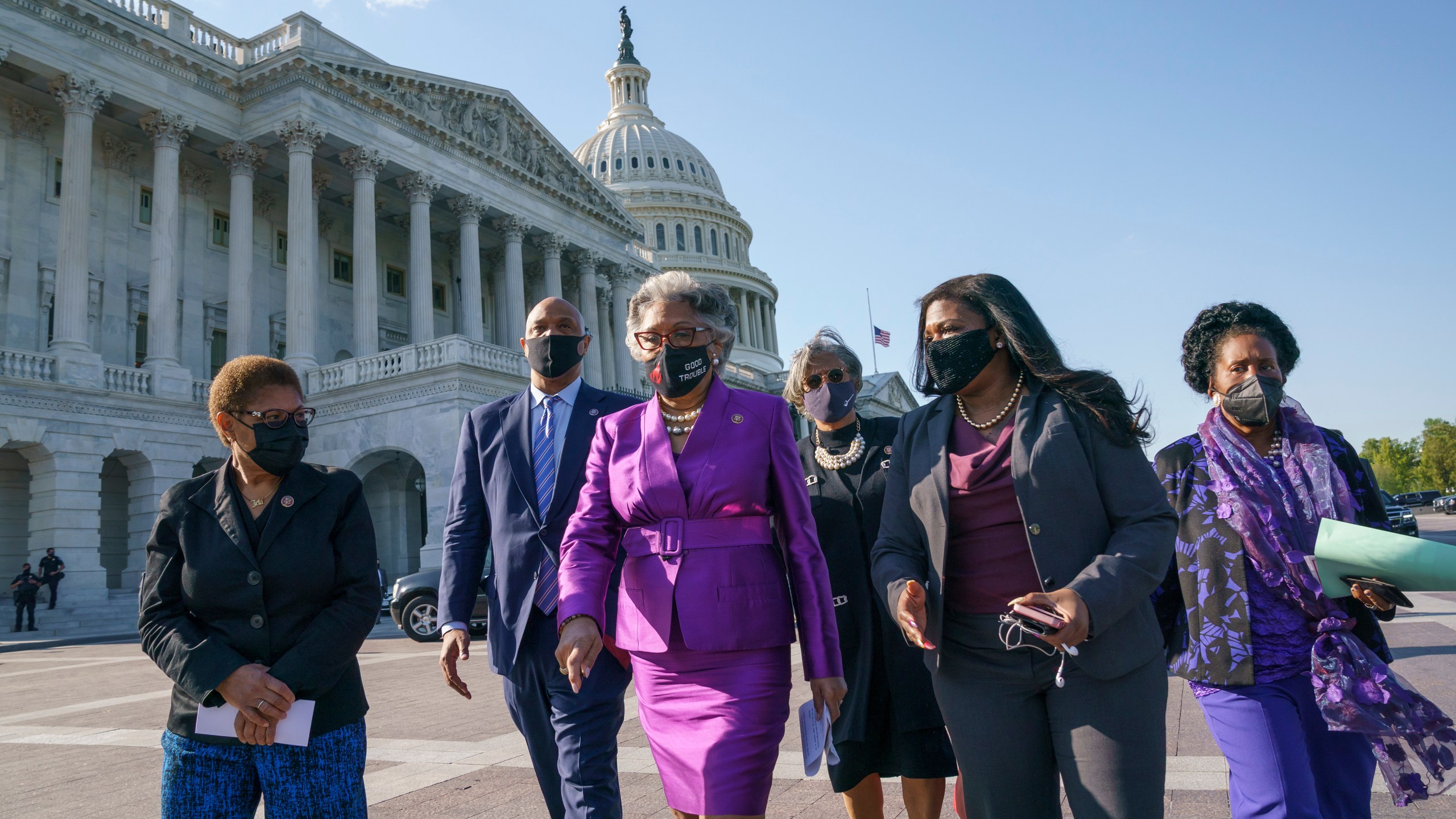 Members of the Congressional Black Caucus walk to make a make a statement on Capitol Hill following the guilty verdict in the murder trial of former Minneapolis police Officer Derek Chauvin in the death of George Floyd on April 20, 2021. From left are Rep. Karen Bass, D-Calif., Rep. Andre Carson, D-Ind. Rep. Joyce Beatty, D-Ohio, chair of the Congressional Black Caucus, Rep. Brenda Lawrence, D-Mich., Rep. Cori Bush, D-Mo., and Rep. Sheila Jackson Lee, D-Tex. (J. Scott Applewhite / Associated Press)