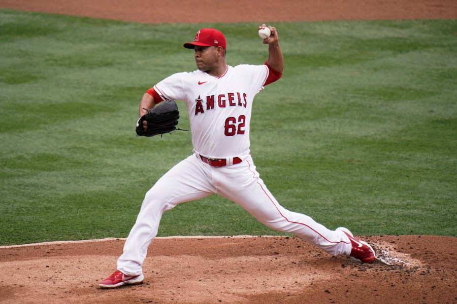 Los Angeles Angels starting pitcher Jose Quintana throws against the Texas Rangers during the first inning of a baseball game in Anaheim on April 21, 2021. (Jae C. Hong / Associated Press)