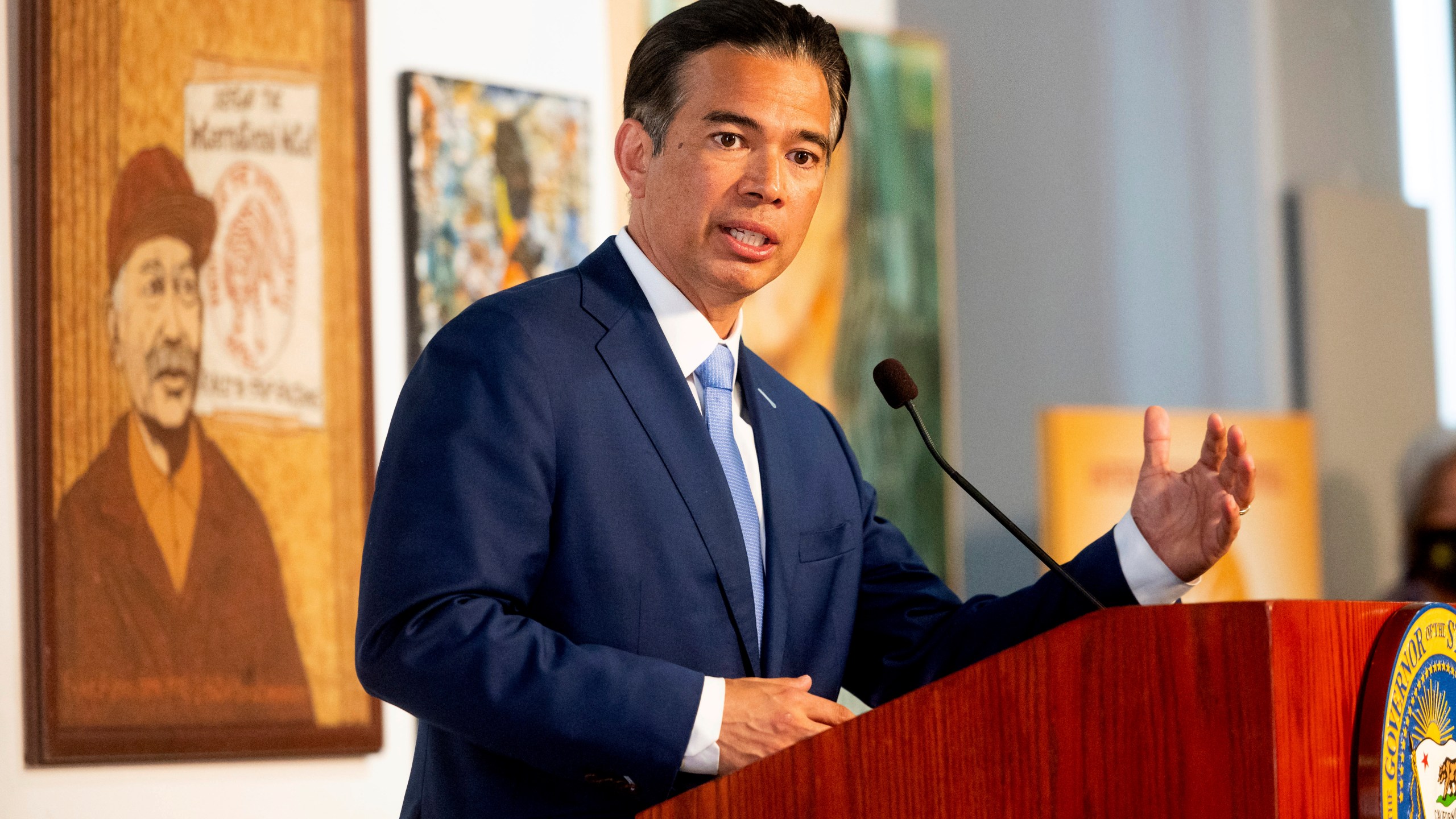 California Assemblyman Rob Bonta speaks during a news conference shortly after Gov. Gavin Newsom announced his nomination for state's attorney general in San Francisco on March 24, 2021. (Noah Berger / Associated Press)