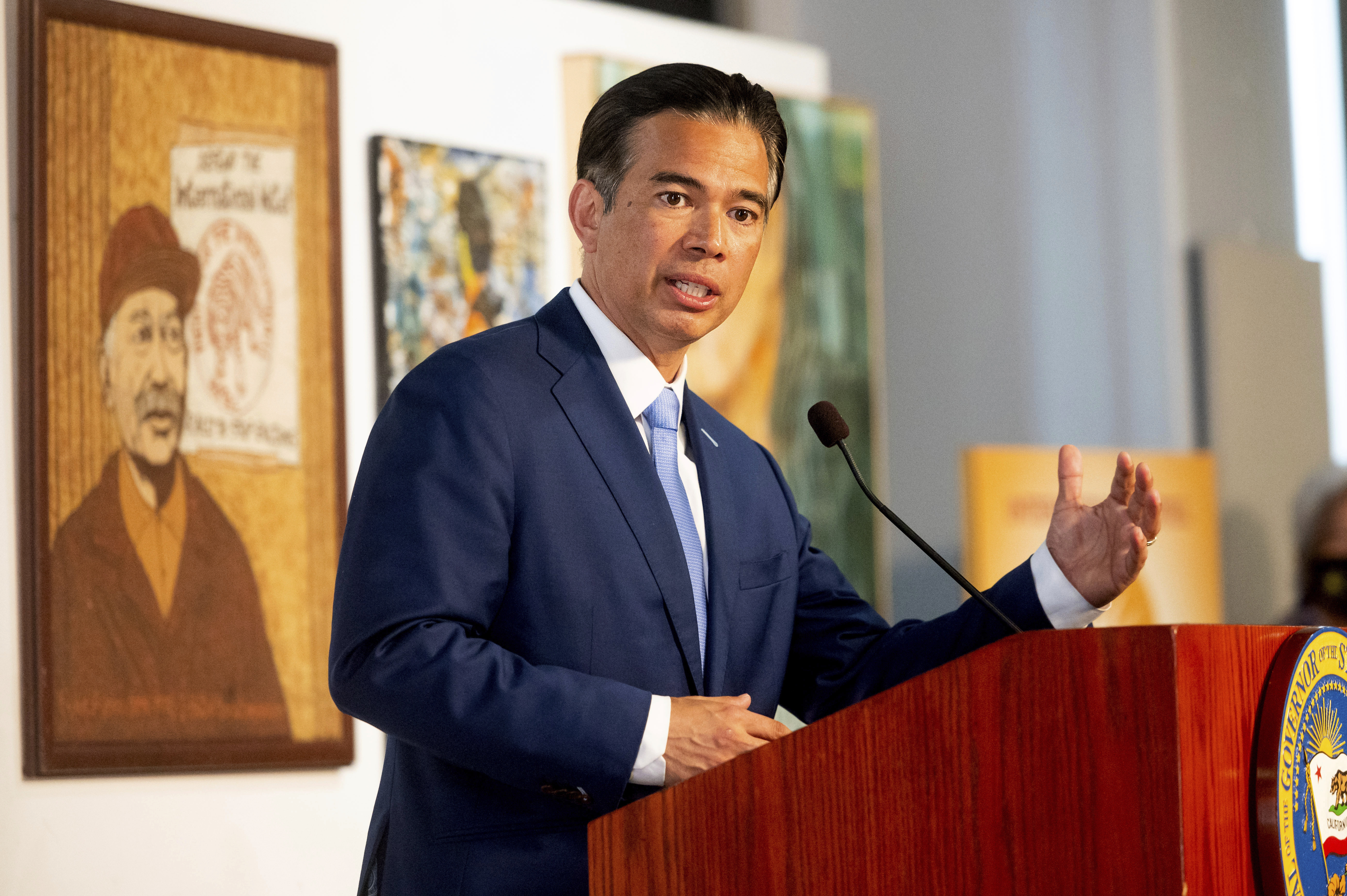 California Assemblyman Rob Bonta speaks during a news conference shortly after Gov. Gavin Newsom announced his nomination for state's attorney general in San Francisco on March 24, 2021. (Noah Berger / Associated Press)