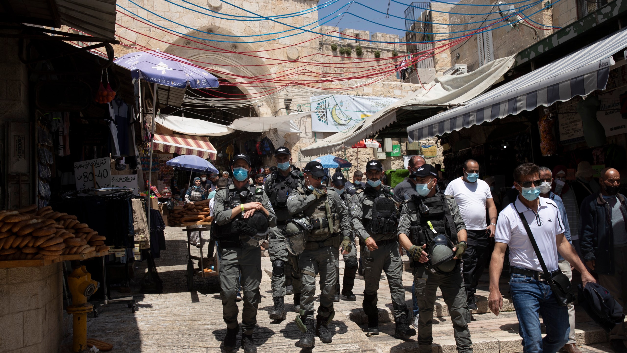 Israeli Border Police patrol the Old City of Jerusalem as worshippers arrive for Friday prayers during the Muslim holy month of Ramadan, on Friday, April 23, 2021. (AP Photo/Maya Alleruzzo)