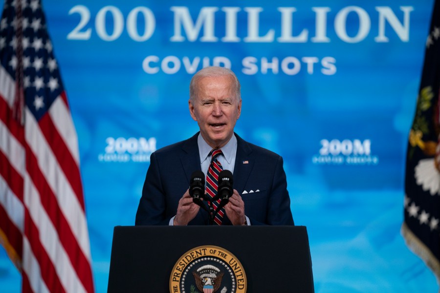 In this April 21, 2021, file photo, President Joe Biden speaks about COVID-19 vaccinations at the White House, in Washington. Biden has touted administering 200 million doses of COVID-19 vaccine before his first 100 days in office and signaled it is time for the U.S. to begin sharing its surplus. (AP Photo/Evan Vucci, File)